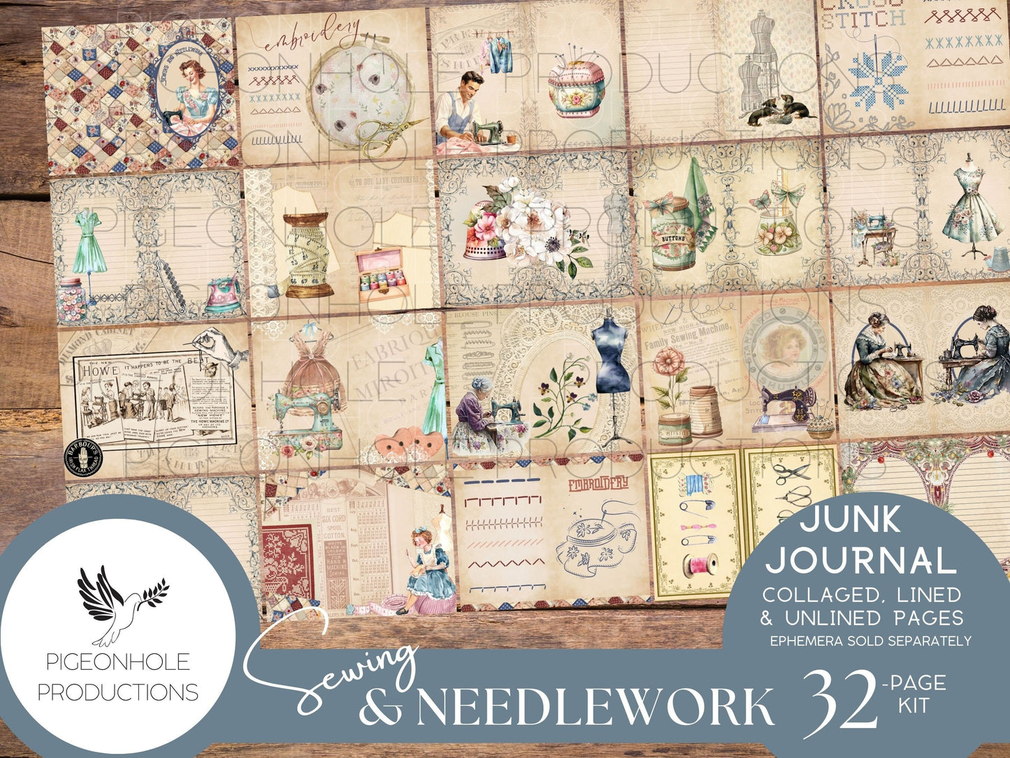 Sewing & Needlework Junk Journal PAGES, PRINTABLE, 32 collaged, lined and unlined papers for journals, scrapbooking, card making, papercraft