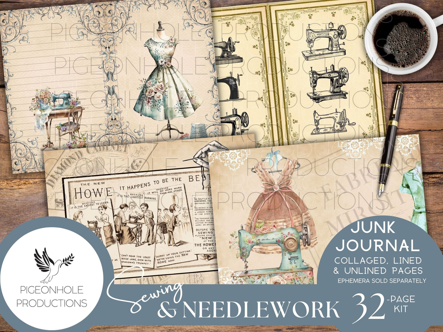 Sewing & Needlework Junk Journal PAGES, PRINTABLE, 32 collaged, lined and unlined papers for journals, scrapbooking, card making, papercraft