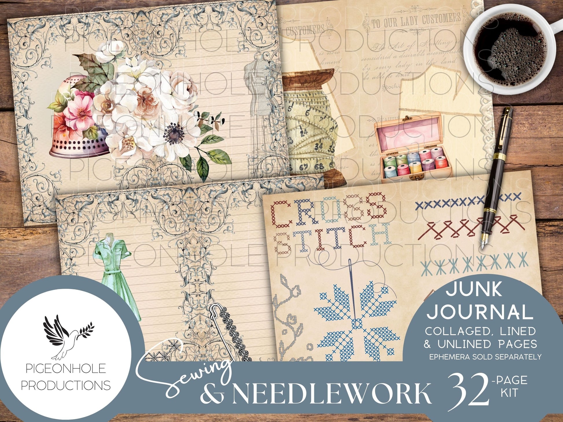 Sewing & Needlework Junk Journal PAGES, PRINTABLE, 32 collaged, lined and unlined papers for journals, scrapbooking, card making, papercraft