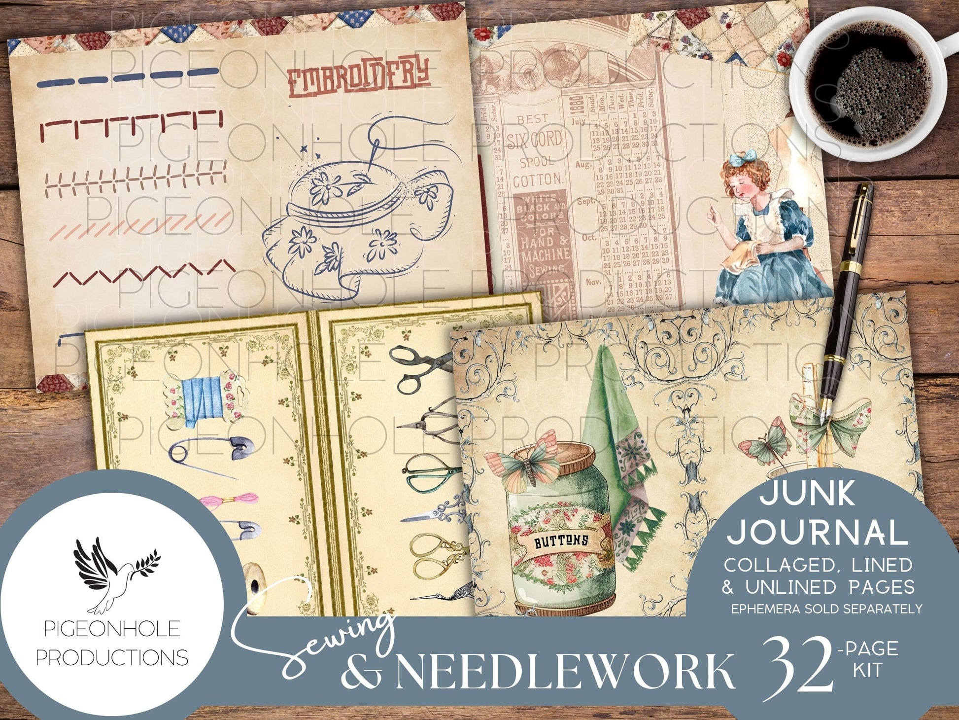 Sewing & Needlework Junk Journal PAGES, PRINTABLE, 32 collaged, lined and unlined papers for journals, scrapbooking, card making, papercraft