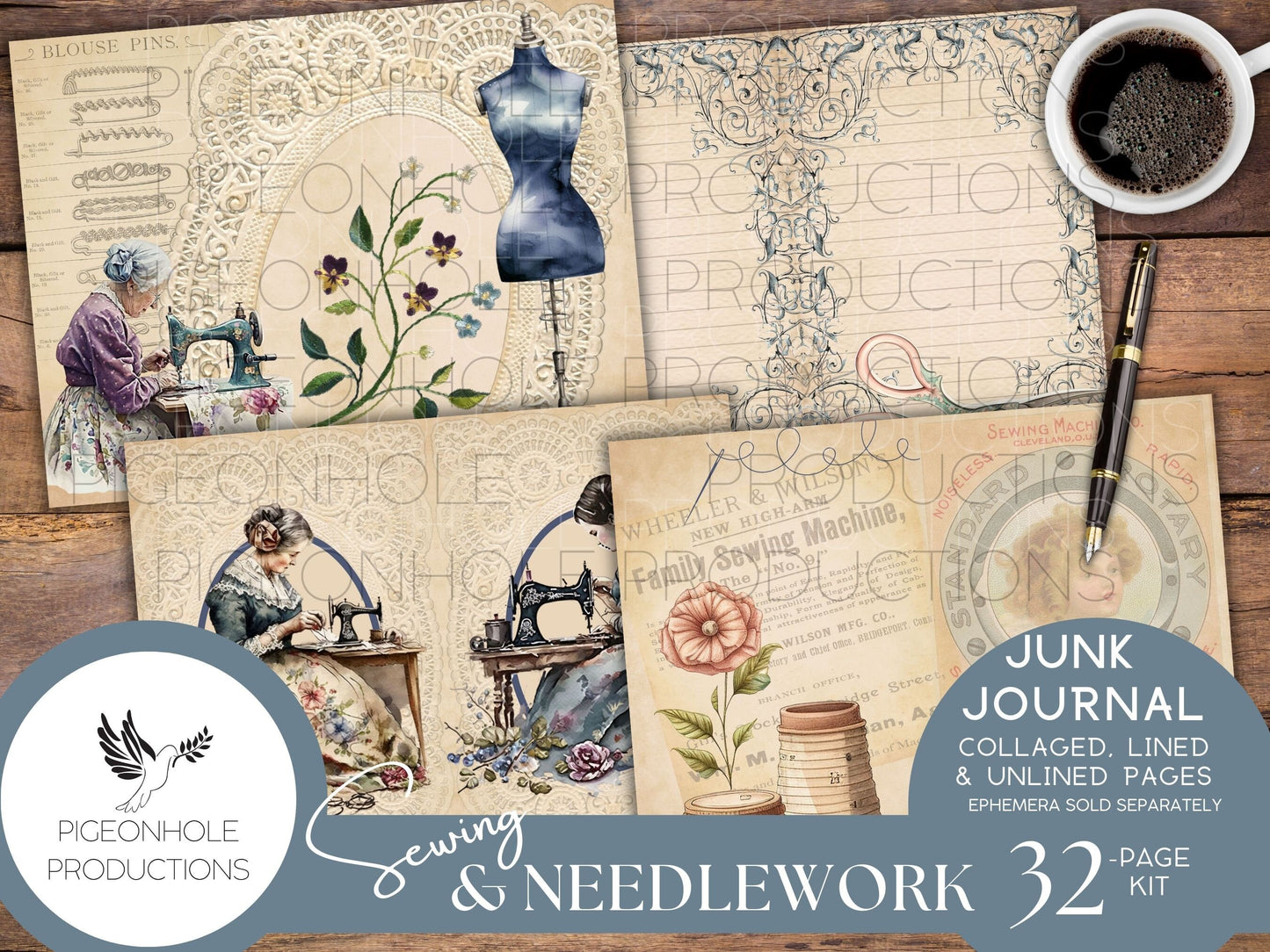 Sewing & Needlework Junk Journal PAGES, PRINTABLE, 32 collaged, lined and unlined papers for journals, scrapbooking, card making, papercraft