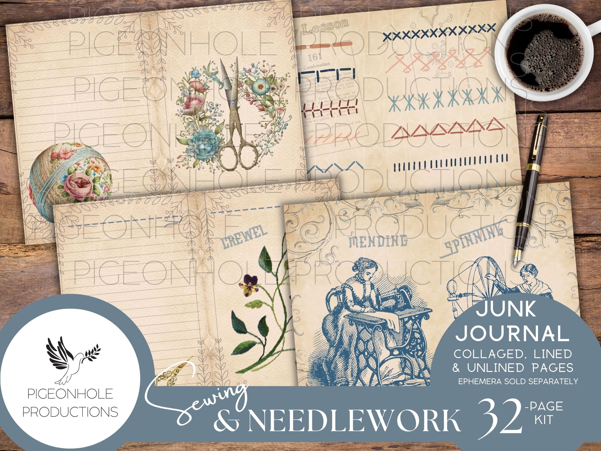 Sewing & Needlework Junk Journal PAGES, PRINTABLE, 32 collaged, lined and unlined papers for journals, scrapbooking, card making, papercraft