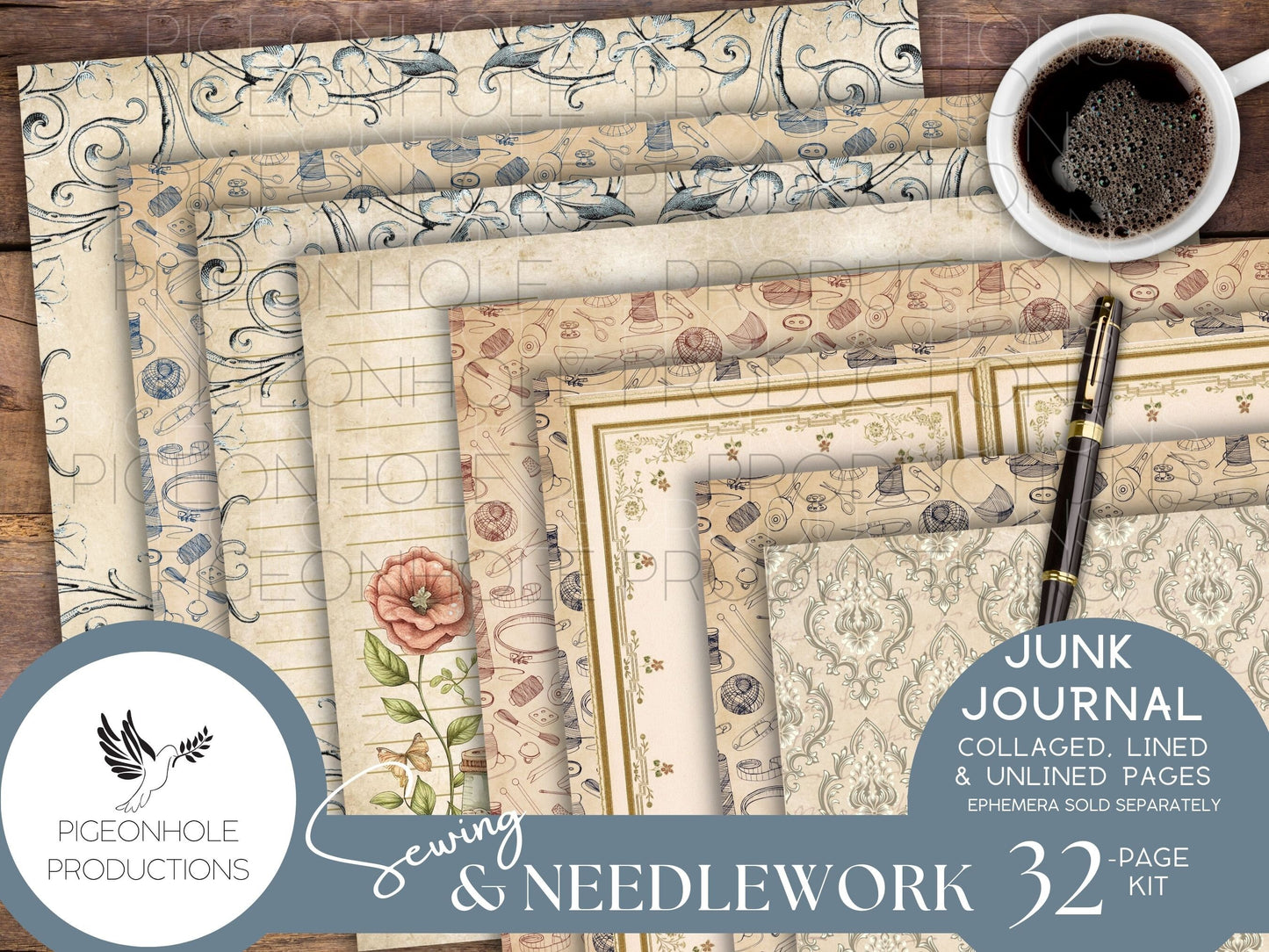 Sewing & Needlework Junk Journal PAGES, PRINTABLE, 32 collaged, lined and unlined papers for journals, scrapbooking, card making, papercraft