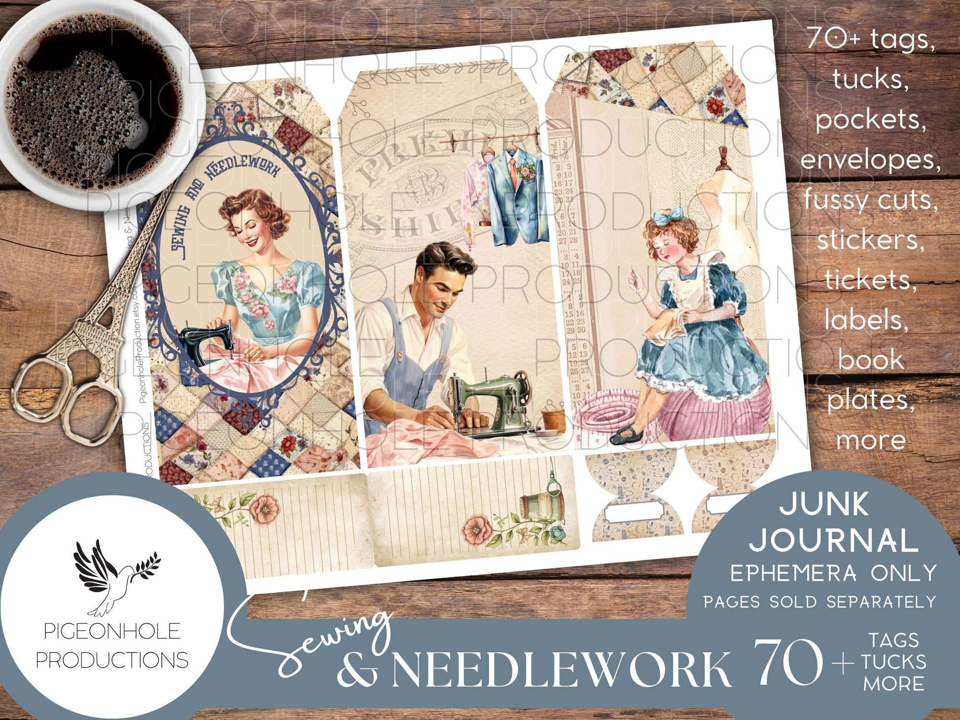 Sewing & Needlework Junk Journal EPHEMERA, PRINTABLE, 70+ tags, tucks, pockets, envelopes, fussy cuts, stickers, tickets, labels, bookplates