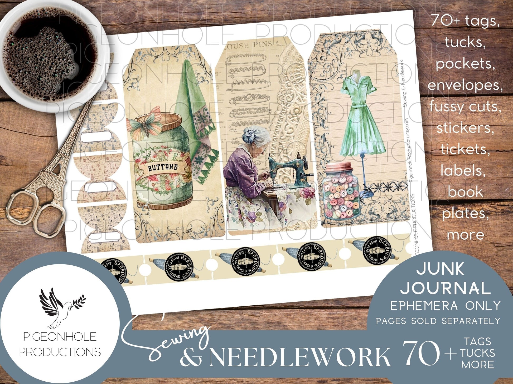 Sewing & Needlework Junk Journal EPHEMERA, PRINTABLE, 70+ tags, tucks, pockets, envelopes, fussy cuts, stickers, tickets, labels, bookplates