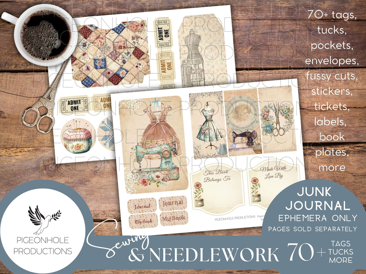 Sewing & Needlework Junk Journal EPHEMERA, PRINTABLE, 70+ tags, tucks, pockets, envelopes, fussy cuts, stickers, tickets, labels, bookplates