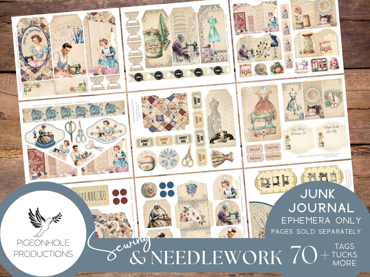 Sewing & Needlework Junk Journal EPHEMERA, PRINTABLE, 70+ tags, tucks, pockets, envelopes, fussy cuts, stickers, tickets, labels, bookplates