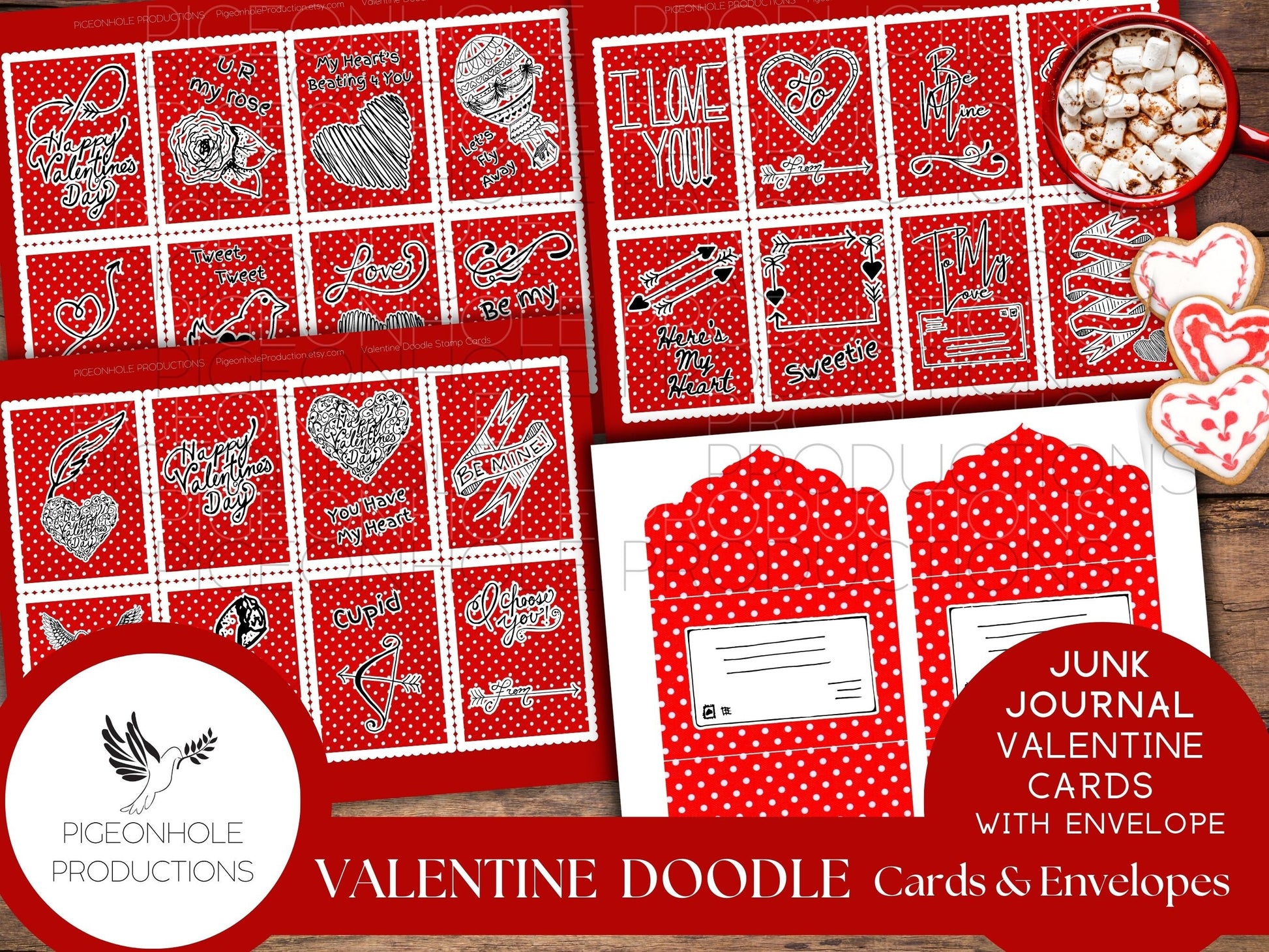 Valentine Doodle Cards & Envelopes, PRINTABLE, 24 cards, includes envelope (print as many as you need), approx. 2.5" x 3.5", great for kids!
