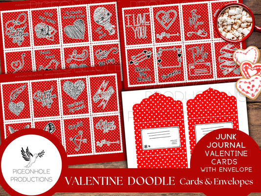 Valentine Doodle Cards & Envelopes, PRINTABLE, 24 cards, includes envelope (print as many as you need), approx. 2.5" x 3.5", great for kids!