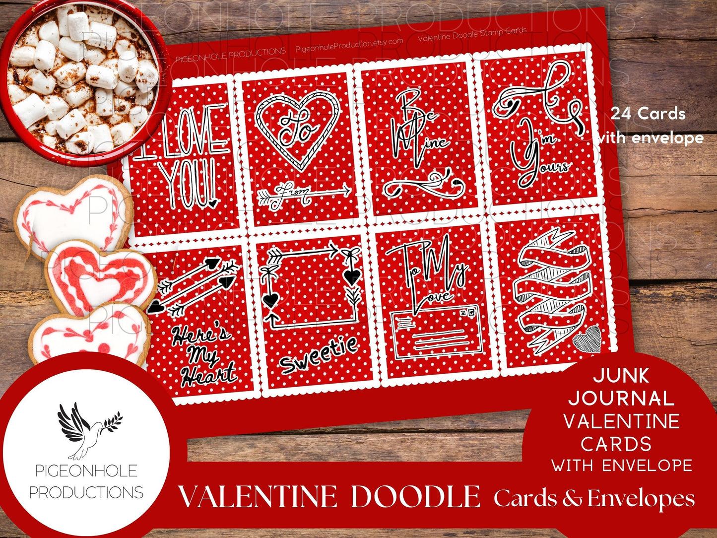 Valentine Doodle Cards & Envelopes, PRINTABLE, 24 cards, includes envelope (print as many as you need), approx. 2.5" x 3.5", great for kids!