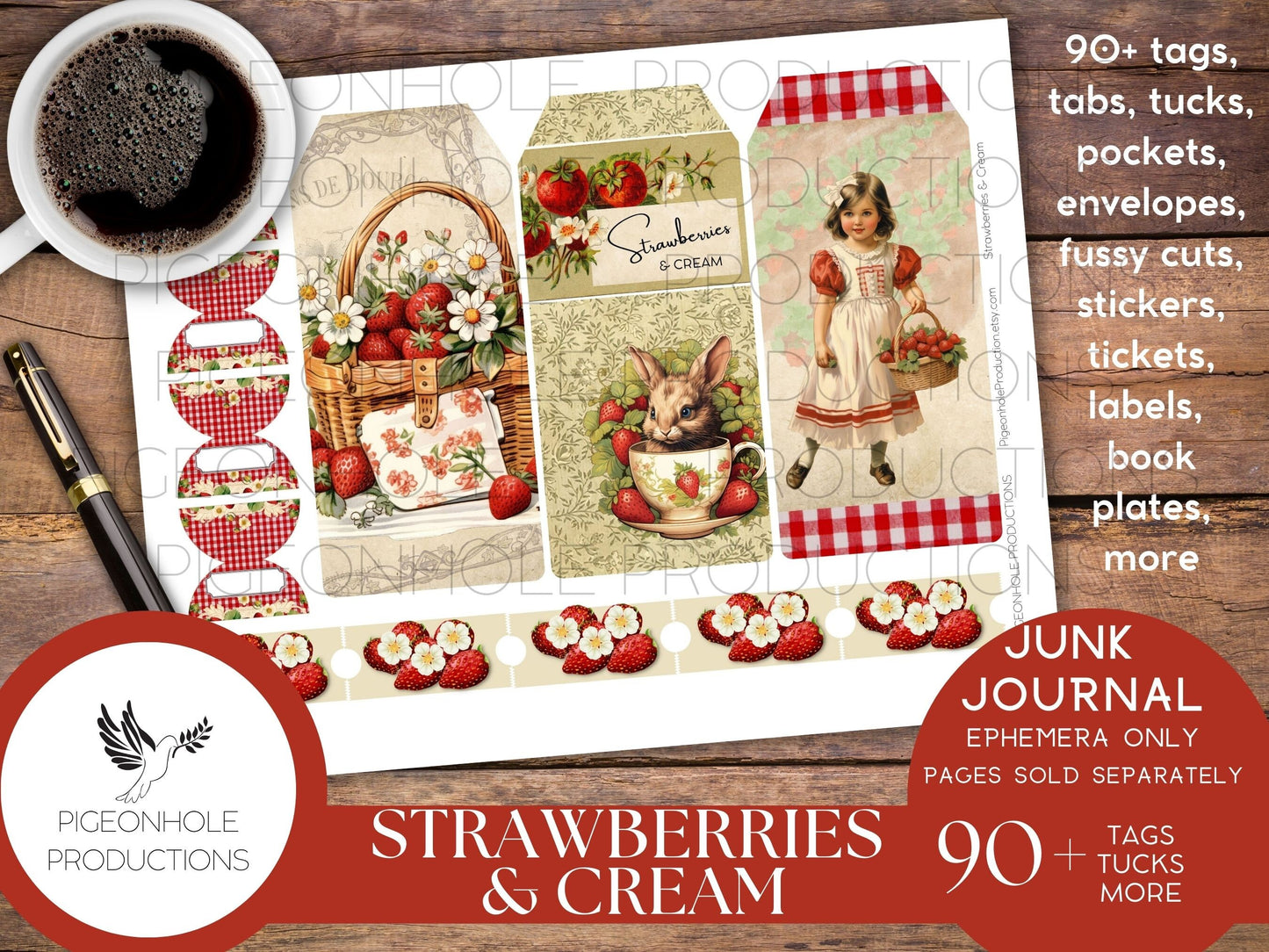 Strawberries & Cream Junk Journal EPHEMERA, PRINTABLE, 95 tags, tucks, pockets, envelopes, fussy cuts, stickers, tickets, labels, bookplates