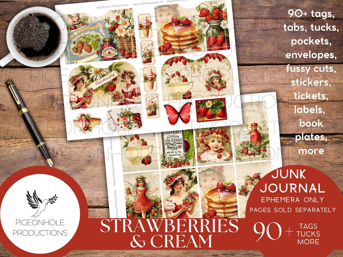 Strawberries & Cream Junk Journal EPHEMERA, PRINTABLE, 95 tags, tucks, pockets, envelopes, fussy cuts, stickers, tickets, labels, bookplates