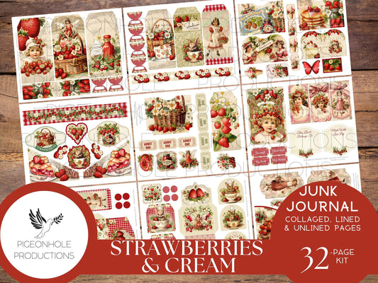 Strawberries & Cream Junk Journal EPHEMERA, PRINTABLE, 95 tags, tucks, pockets, envelopes, fussy cuts, stickers, tickets, labels, bookplates