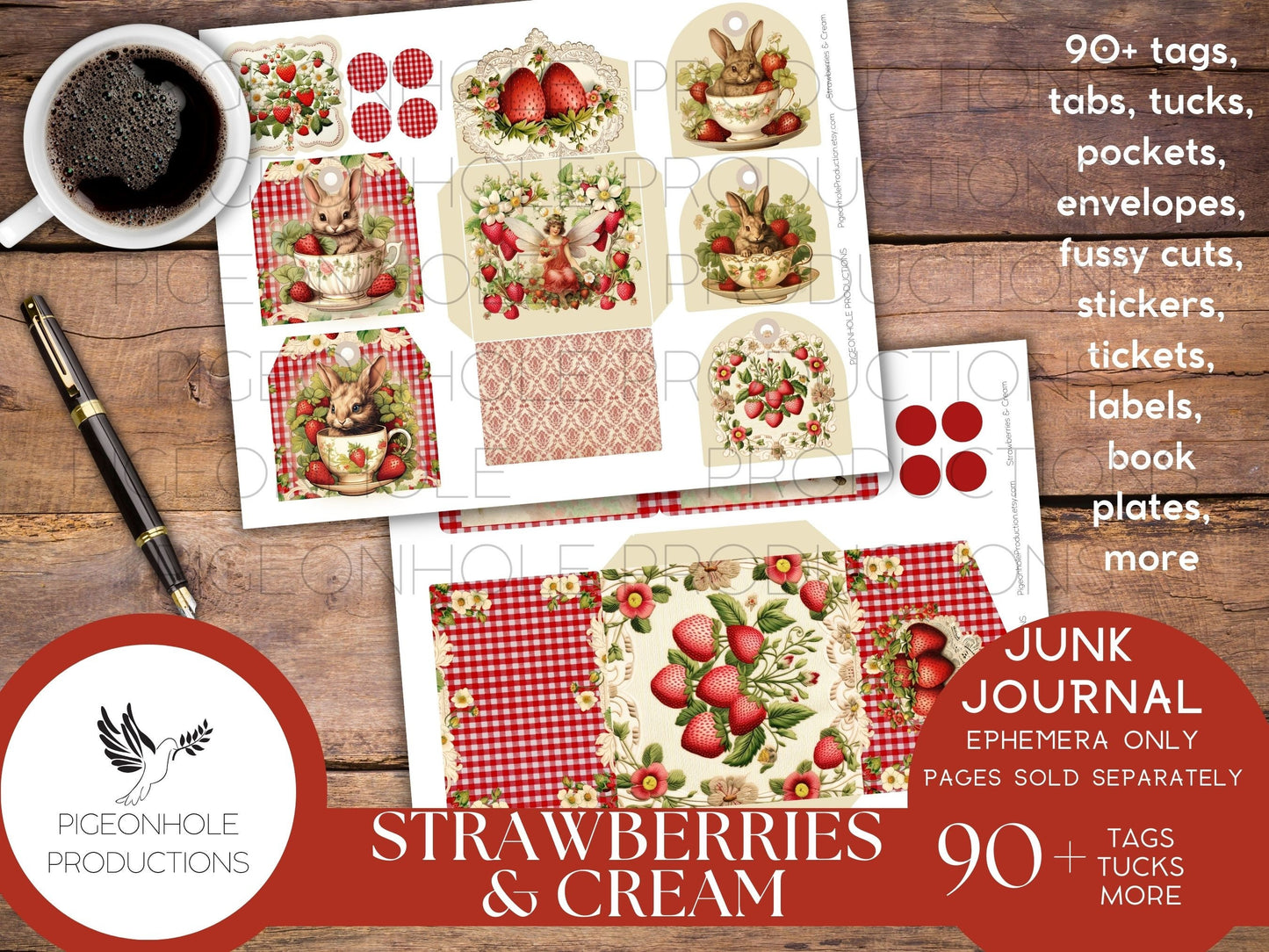 Strawberries & Cream Junk Journal EPHEMERA, PRINTABLE, 95 tags, tucks, pockets, envelopes, fussy cuts, stickers, tickets, labels, bookplates