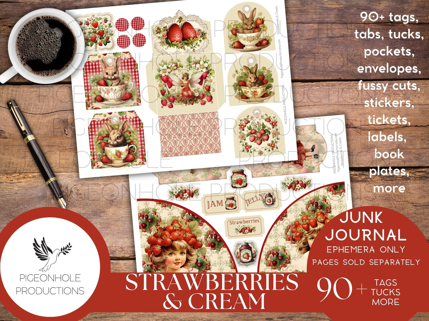 Strawberries & Cream Junk Journal EPHEMERA, PRINTABLE, 95 tags, tucks, pockets, envelopes, fussy cuts, stickers, tickets, labels, bookplates