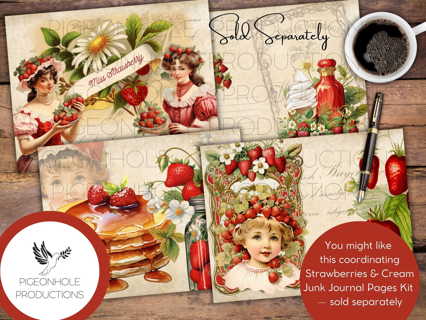 Strawberries & Cream Junk Journal EPHEMERA, PRINTABLE, 95 tags, tucks, pockets, envelopes, fussy cuts, stickers, tickets, labels, bookplates