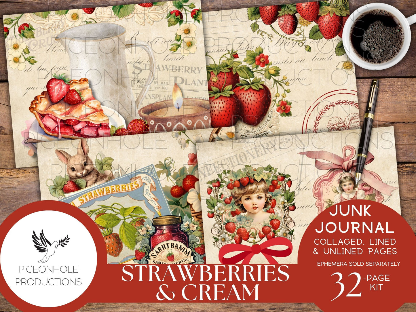 Strawberries & Cream Junk Journal Pages, PRINTABLE, 32 collaged, lined, unlined journal pages for scrapbooking, card making, paper crafts