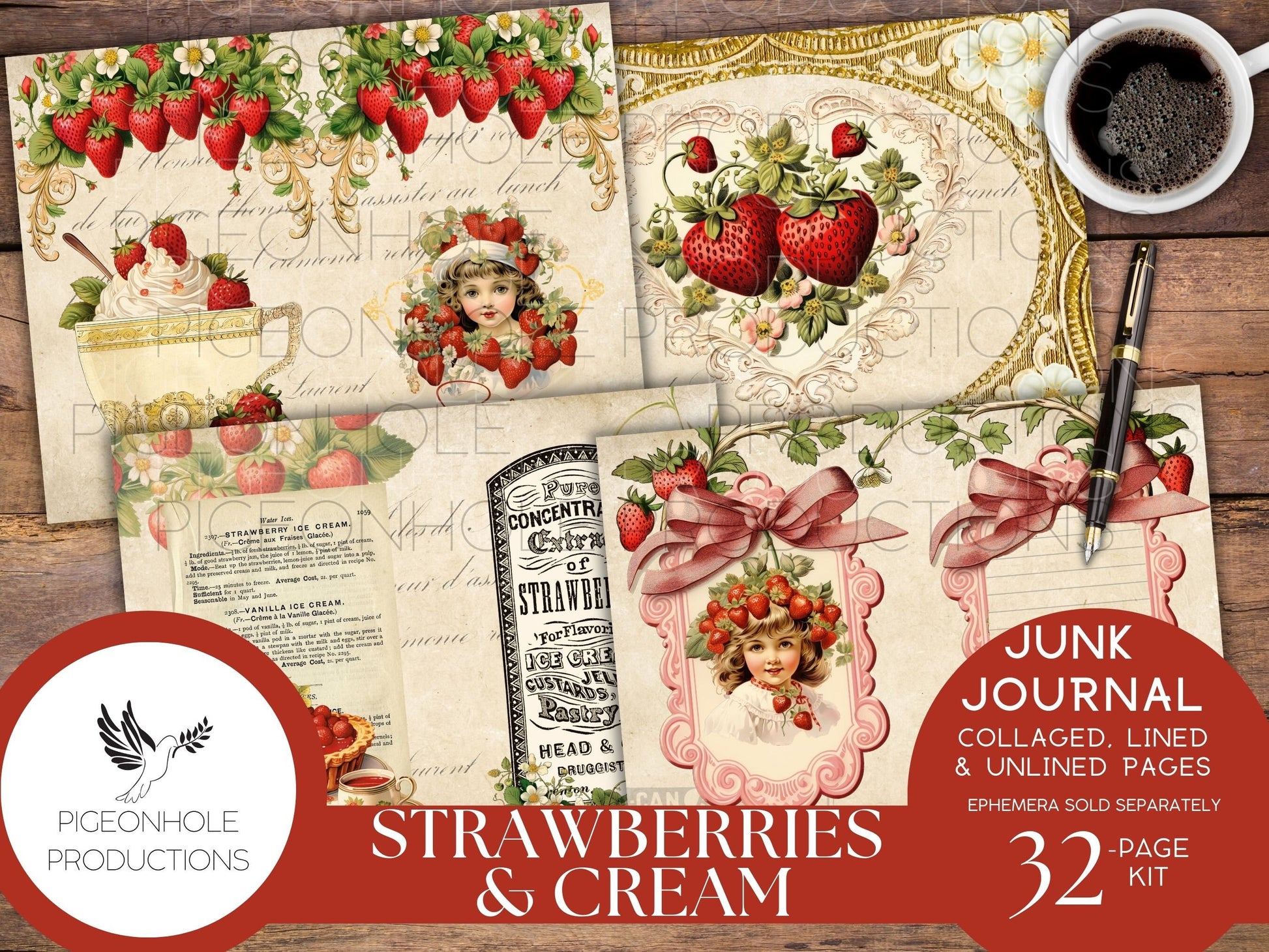 Strawberries & Cream Junk Journal Pages, PRINTABLE, 32 collaged, lined, unlined journal pages for scrapbooking, card making, paper crafts