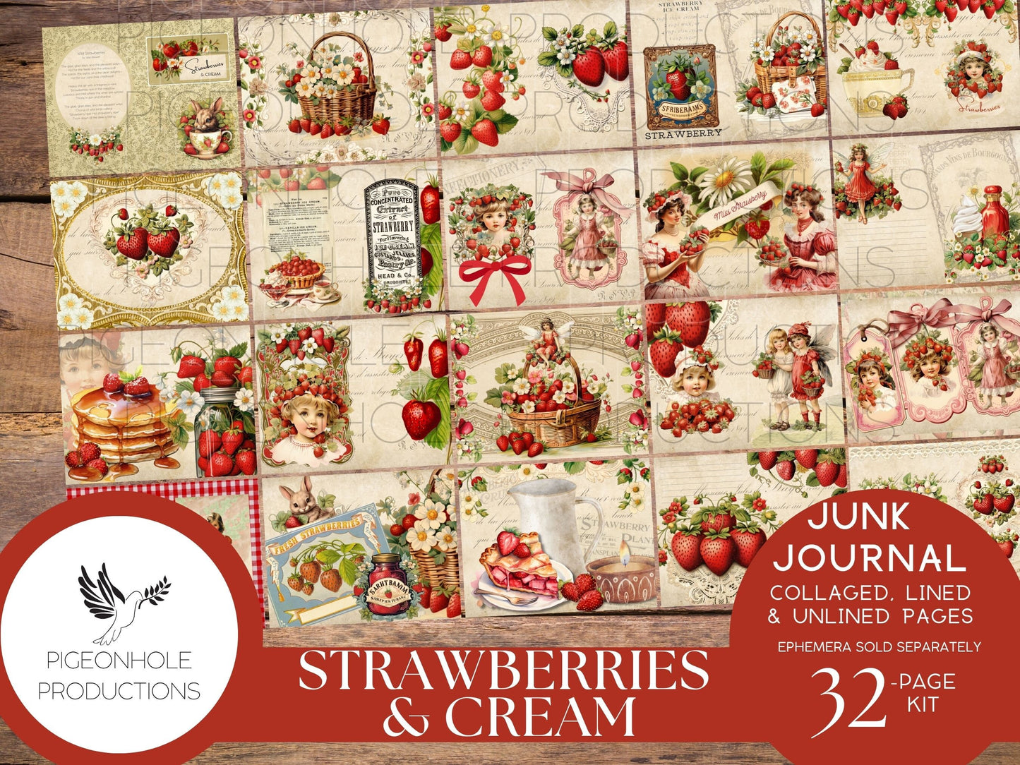 Strawberries & Cream Junk Journal Pages, PRINTABLE, 32 collaged, lined, unlined journal pages for scrapbooking, card making, paper crafts