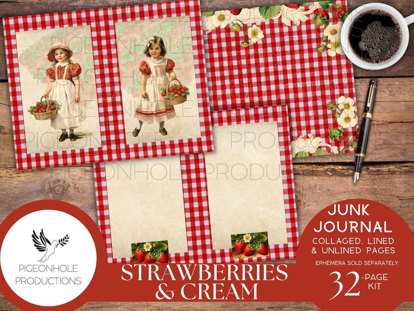 Strawberries & Cream Junk Journal Pages, PRINTABLE, 32 collaged, lined, unlined journal pages for scrapbooking, card making, paper crafts