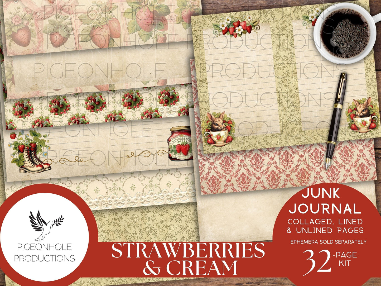 Strawberries & Cream Junk Journal Pages, PRINTABLE, 32 collaged, lined, unlined journal pages for scrapbooking, card making, paper crafts