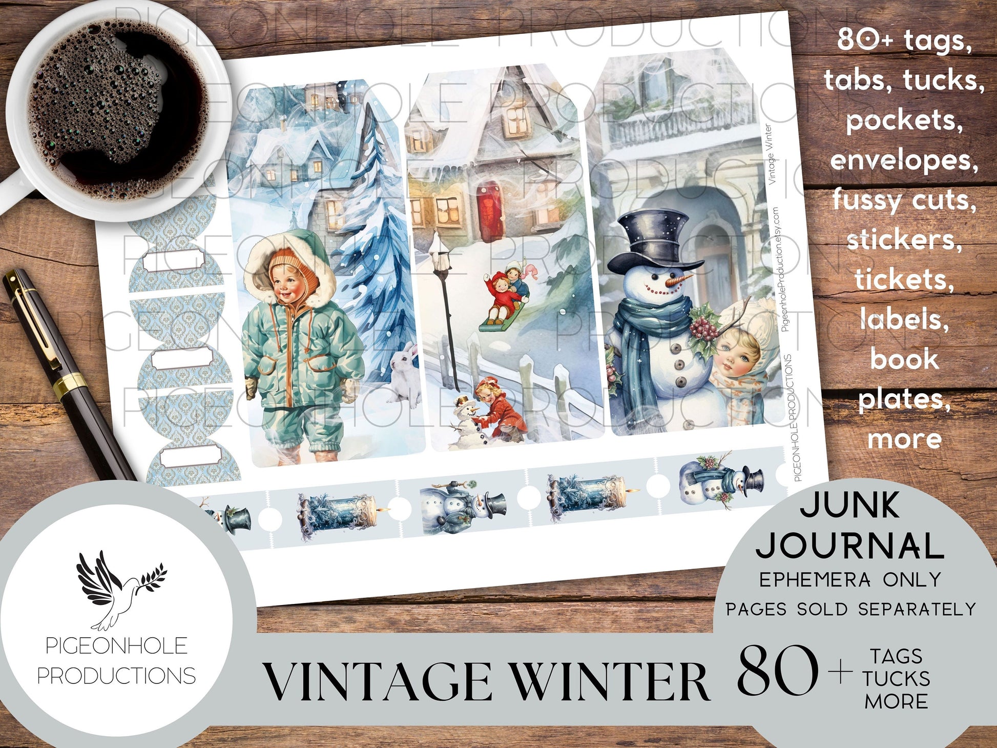 Vintage Winter Junk Journal EPHEMERA, PRINTABLE, 80+ tags, tucks, pockets, envelopes, fussy cuts, stickers, tickets, labels, bookplates