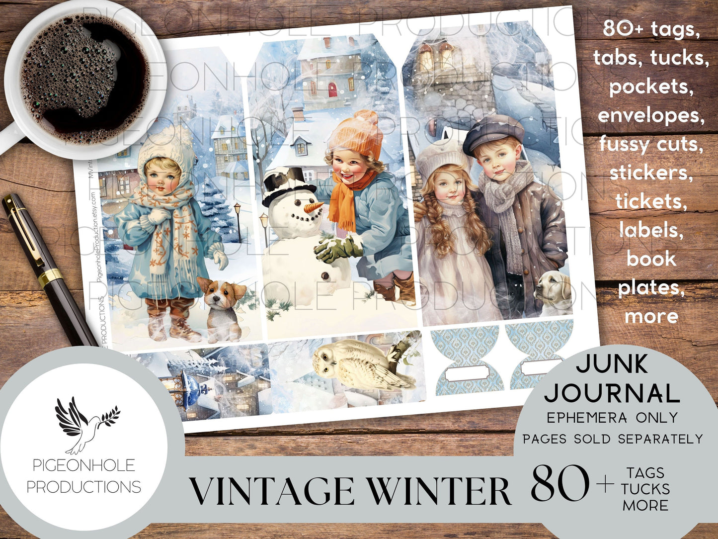 Vintage Winter Junk Journal EPHEMERA, PRINTABLE, 80+ tags, tucks, pockets, envelopes, fussy cuts, stickers, tickets, labels, bookplates