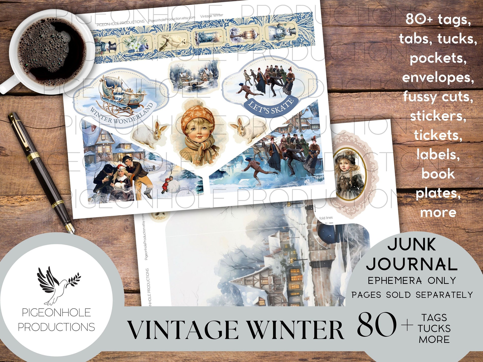 Vintage Winter Junk Journal EPHEMERA, PRINTABLE, 80+ tags, tucks, pockets, envelopes, fussy cuts, stickers, tickets, labels, bookplates
