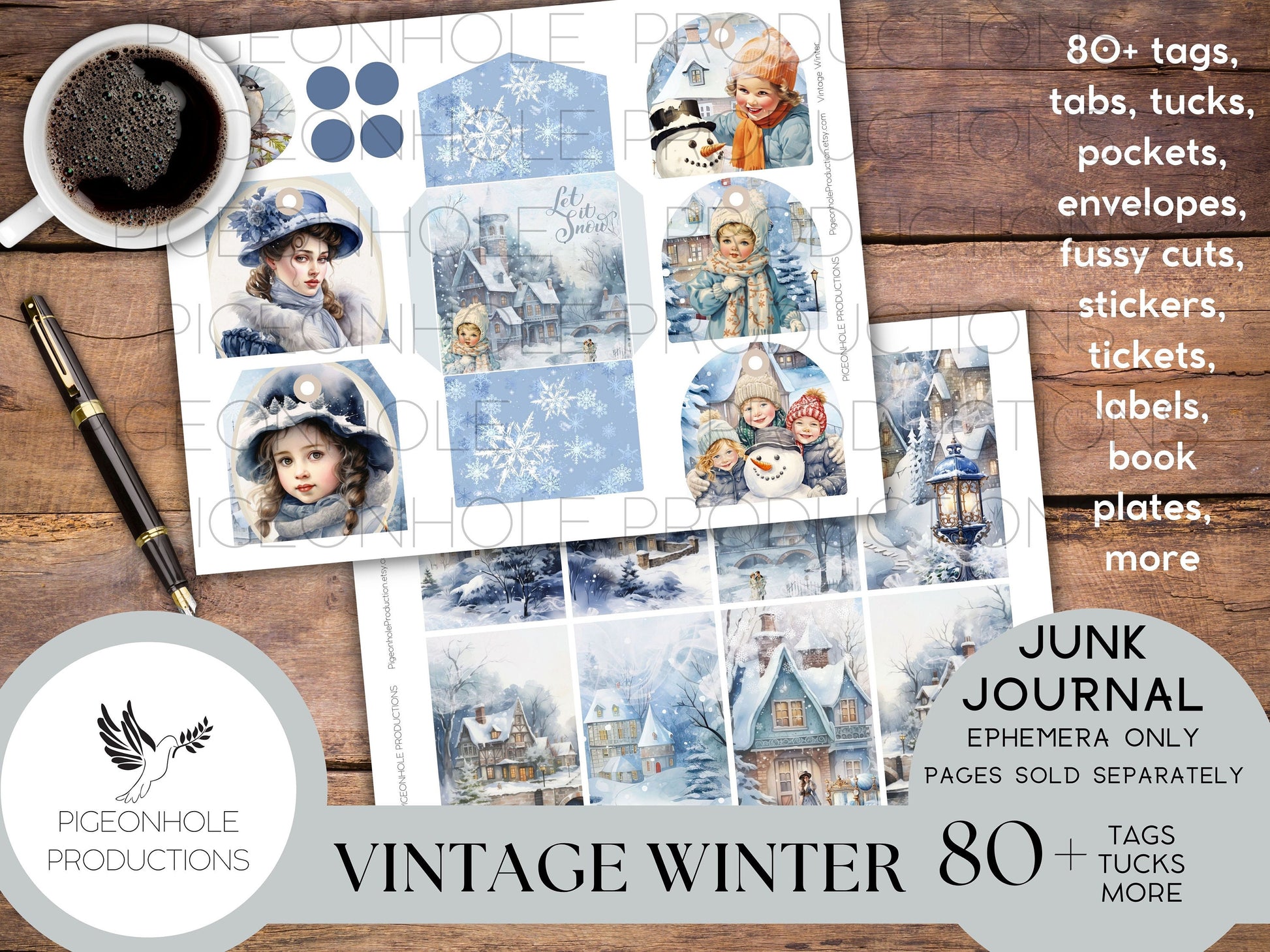 Vintage Winter Junk Journal EPHEMERA, PRINTABLE, 80+ tags, tucks, pockets, envelopes, fussy cuts, stickers, tickets, labels, bookplates
