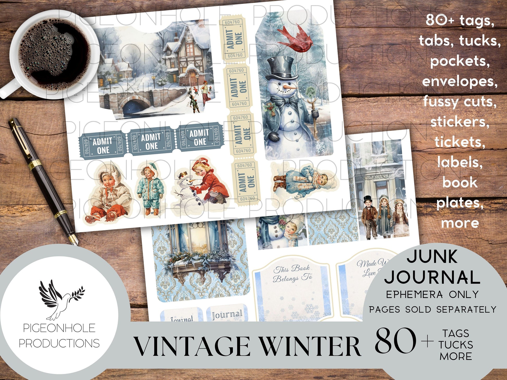 Vintage Winter Junk Journal EPHEMERA, PRINTABLE, 80+ tags, tucks, pockets, envelopes, fussy cuts, stickers, tickets, labels, bookplates