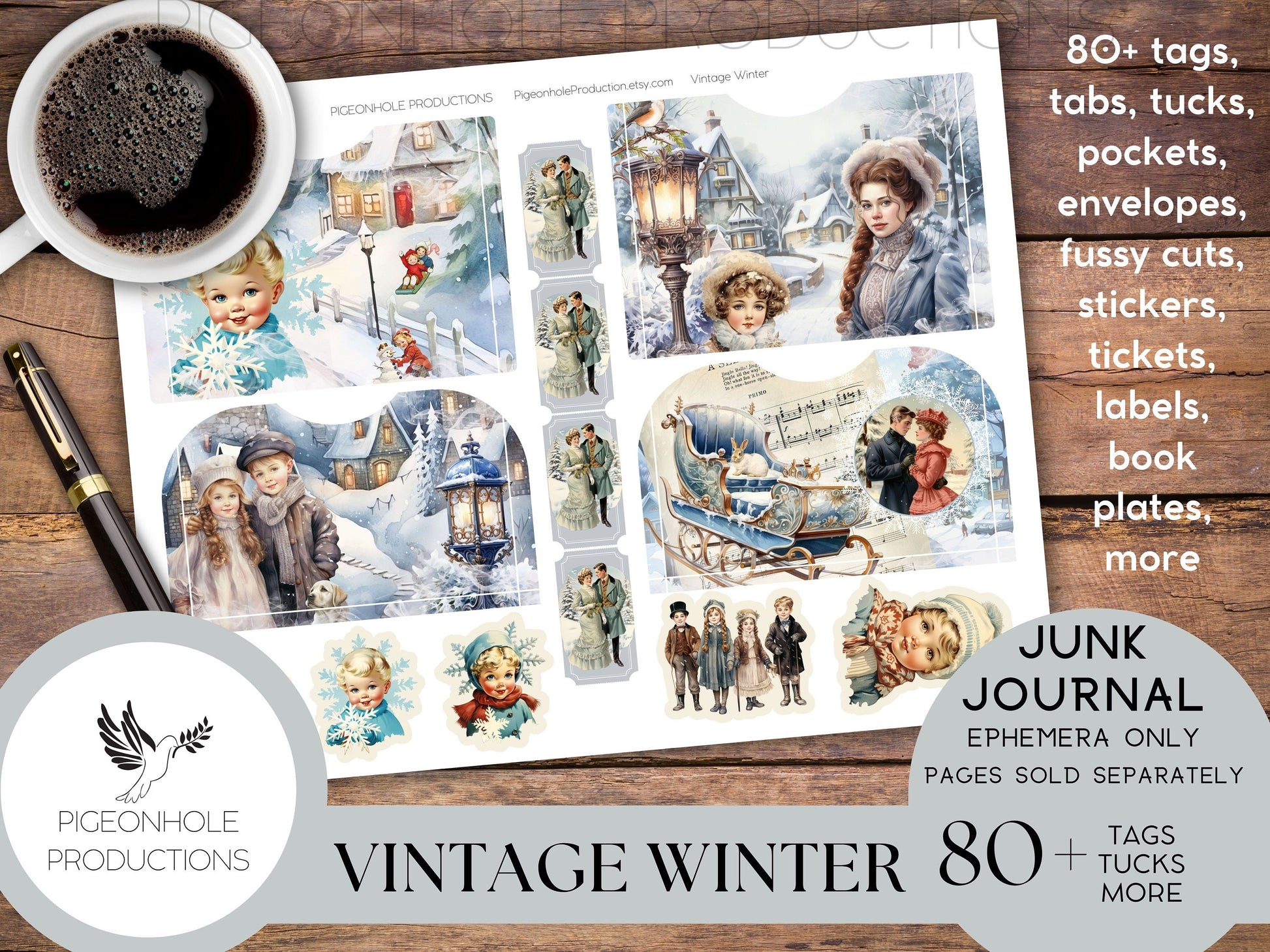 Vintage Winter Junk Journal EPHEMERA, PRINTABLE, 80+ tags, tucks, pockets, envelopes, fussy cuts, stickers, tickets, labels, bookplates