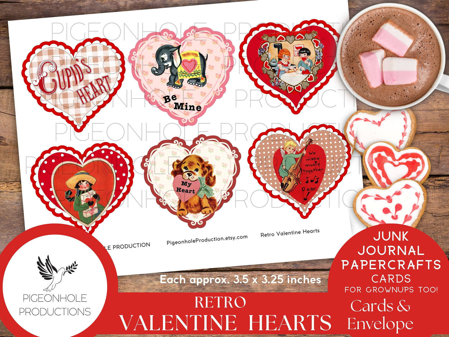 Retro Valentine Heart Cards, PRINTABLE, 24 cards, approx. 3.5 x 3.25 inches, envelope included, for junk journals, papercrafts, card making