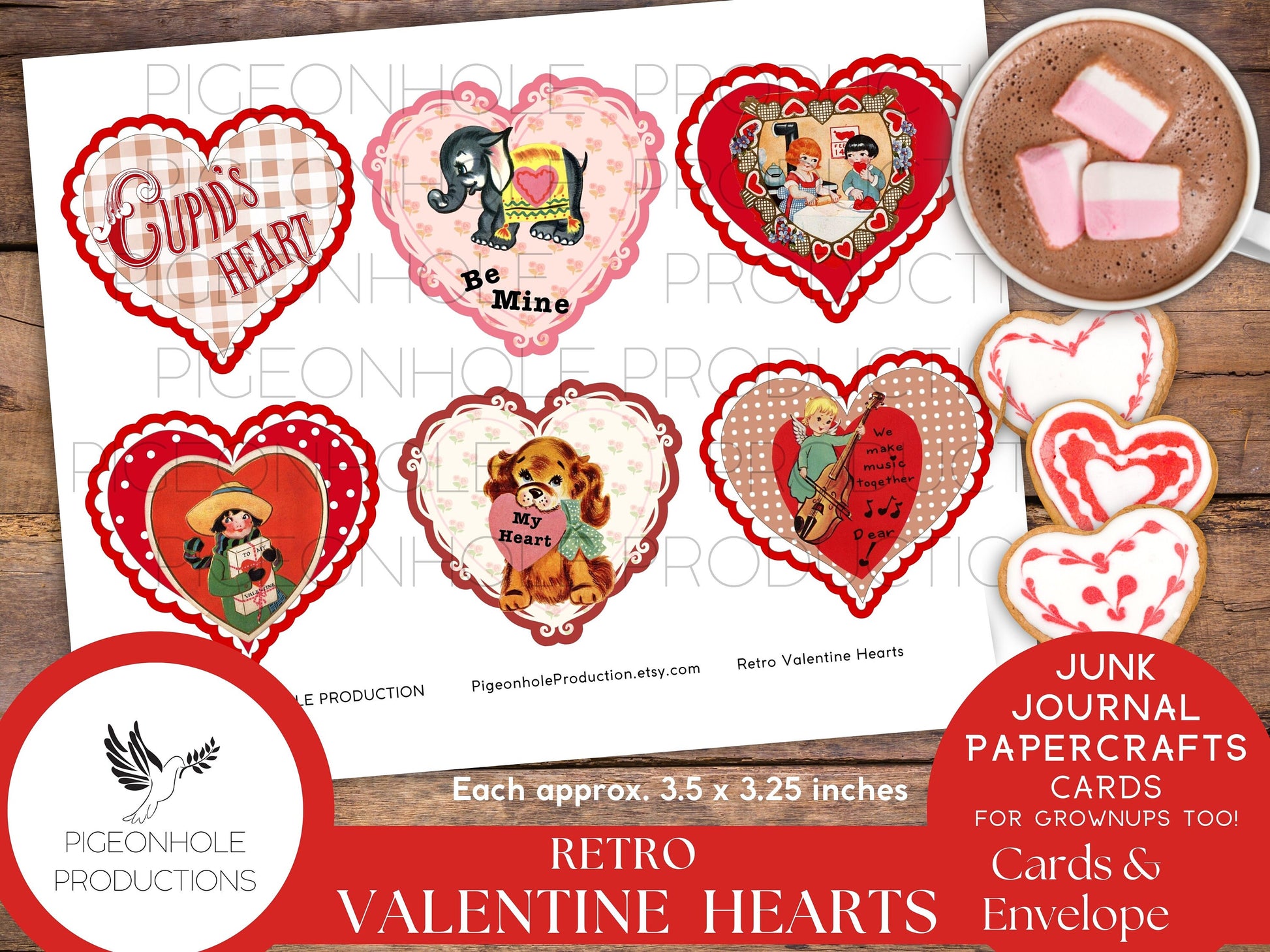 Retro Valentine Heart Cards, PRINTABLE, 24 cards, approx. 3.5 x 3.25 inches, envelope included, for junk journals, papercrafts, card making