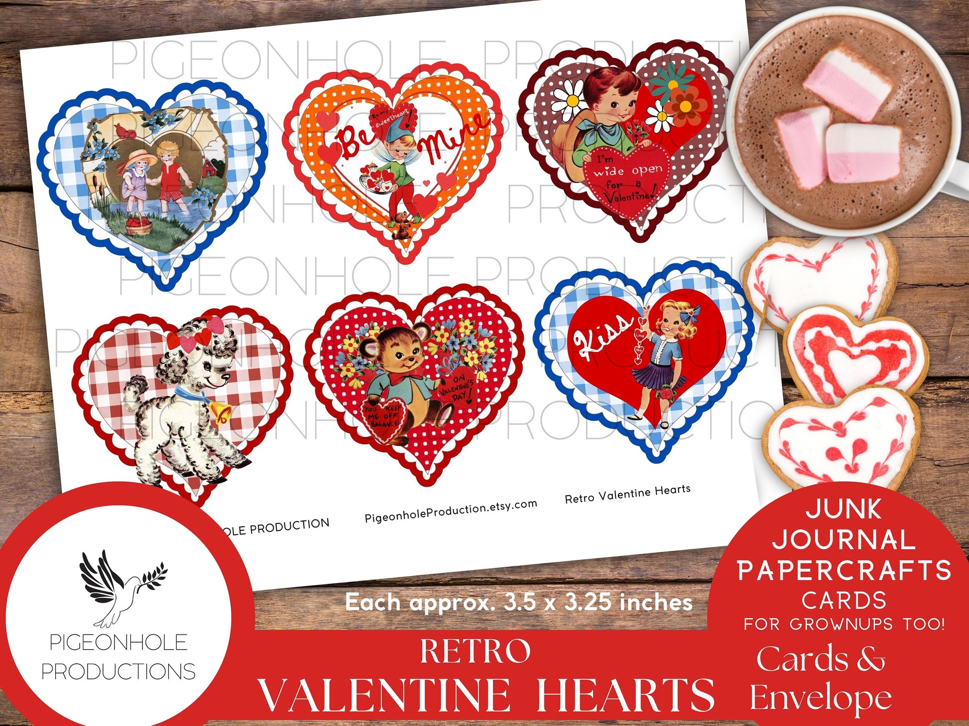 Retro Valentine Heart Cards, PRINTABLE, 24 cards, approx. 3.5 x 3.25 inches, envelope included, for junk journals, papercrafts, card making