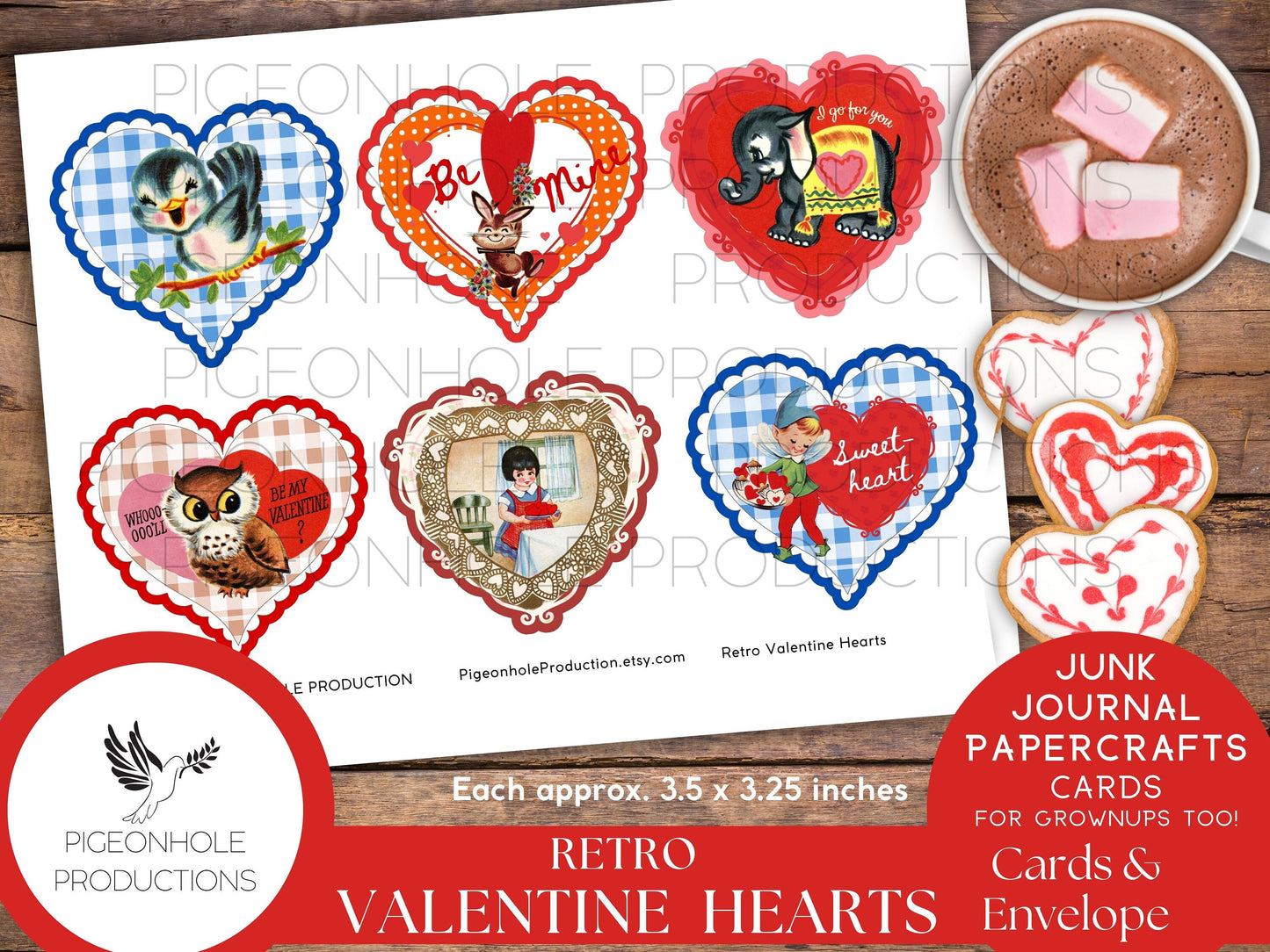 Retro Valentine Heart Cards, PRINTABLE, 24 cards, approx. 3.5 x 3.25 inches, envelope included, for junk journals, papercrafts, card making