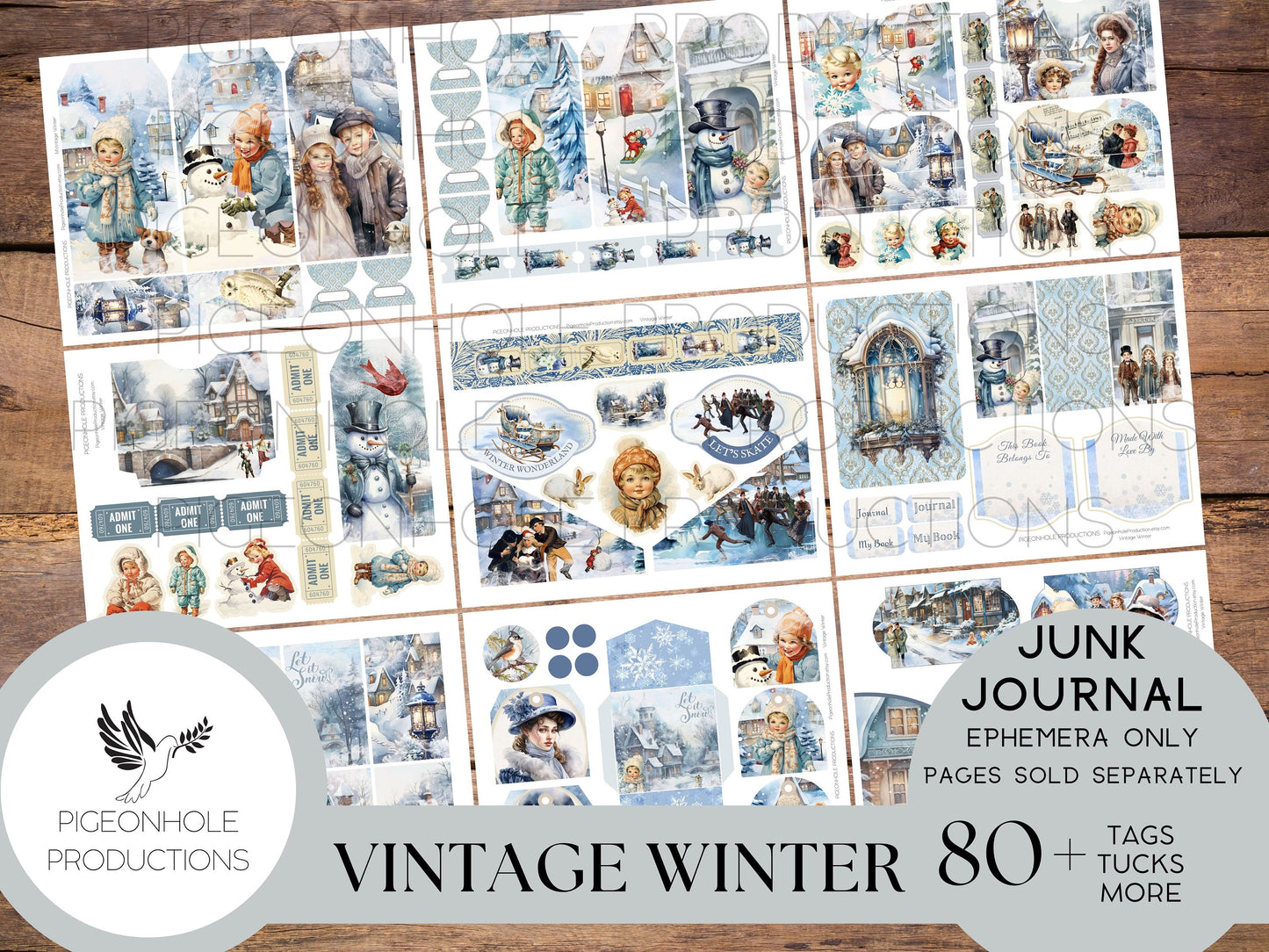 Vintage Winter Junk Journal EPHEMERA, PRINTABLE, 80+ tags, tucks, pockets, envelopes, fussy cuts, stickers, tickets, labels, bookplates
