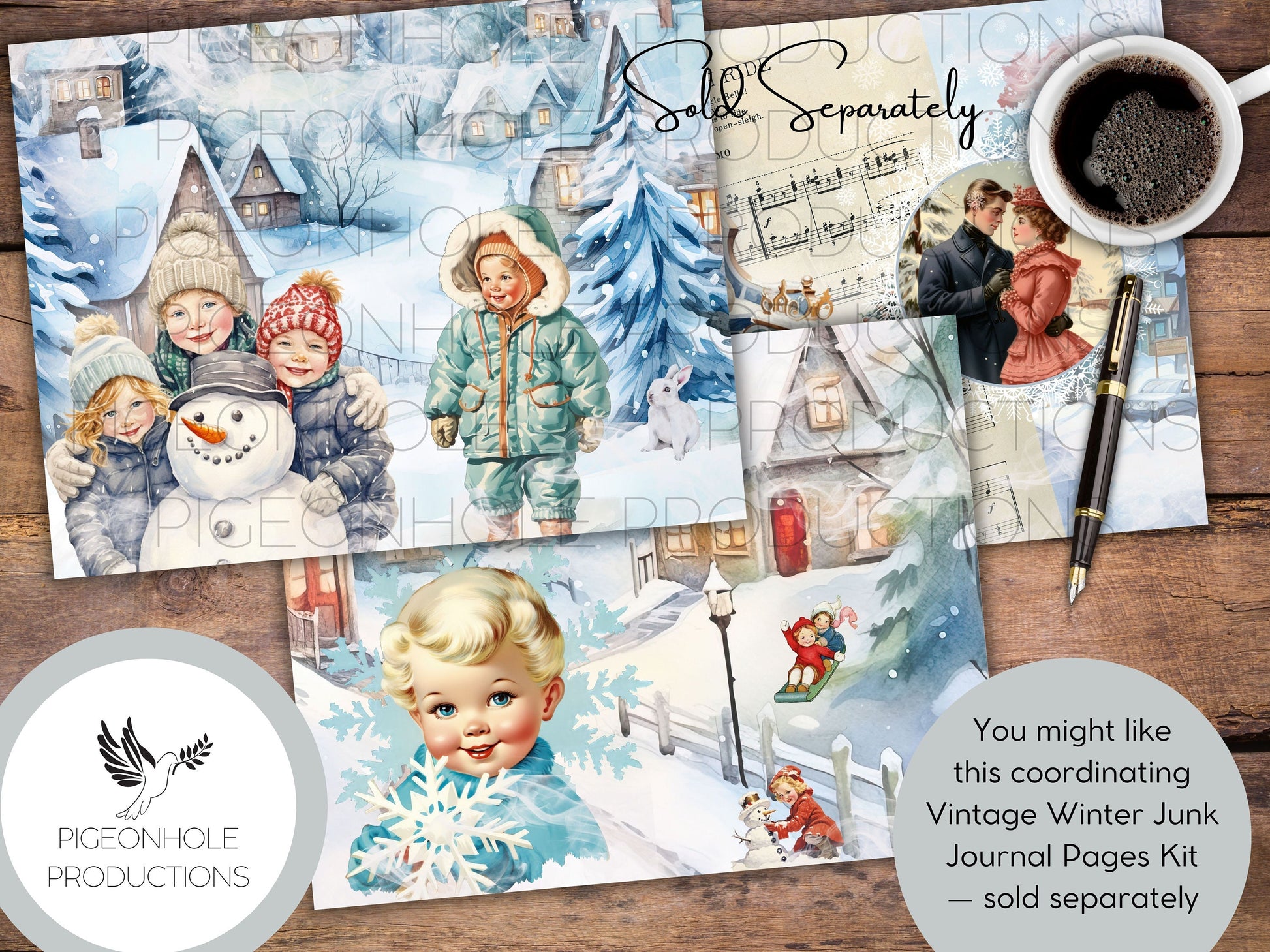 Vintage Winter Junk Journal EPHEMERA, PRINTABLE, 80+ tags, tucks, pockets, envelopes, fussy cuts, stickers, tickets, labels, bookplates