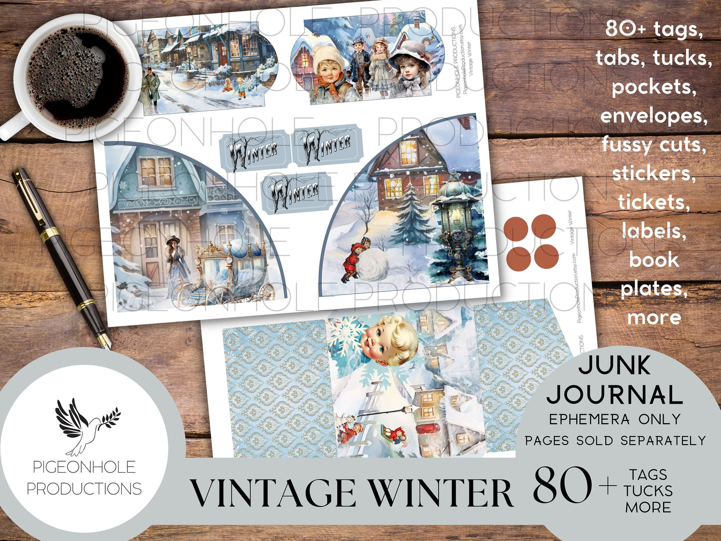 Vintage Winter Junk Journal EPHEMERA, PRINTABLE, 80+ tags, tucks, pockets, envelopes, fussy cuts, stickers, tickets, labels, bookplates