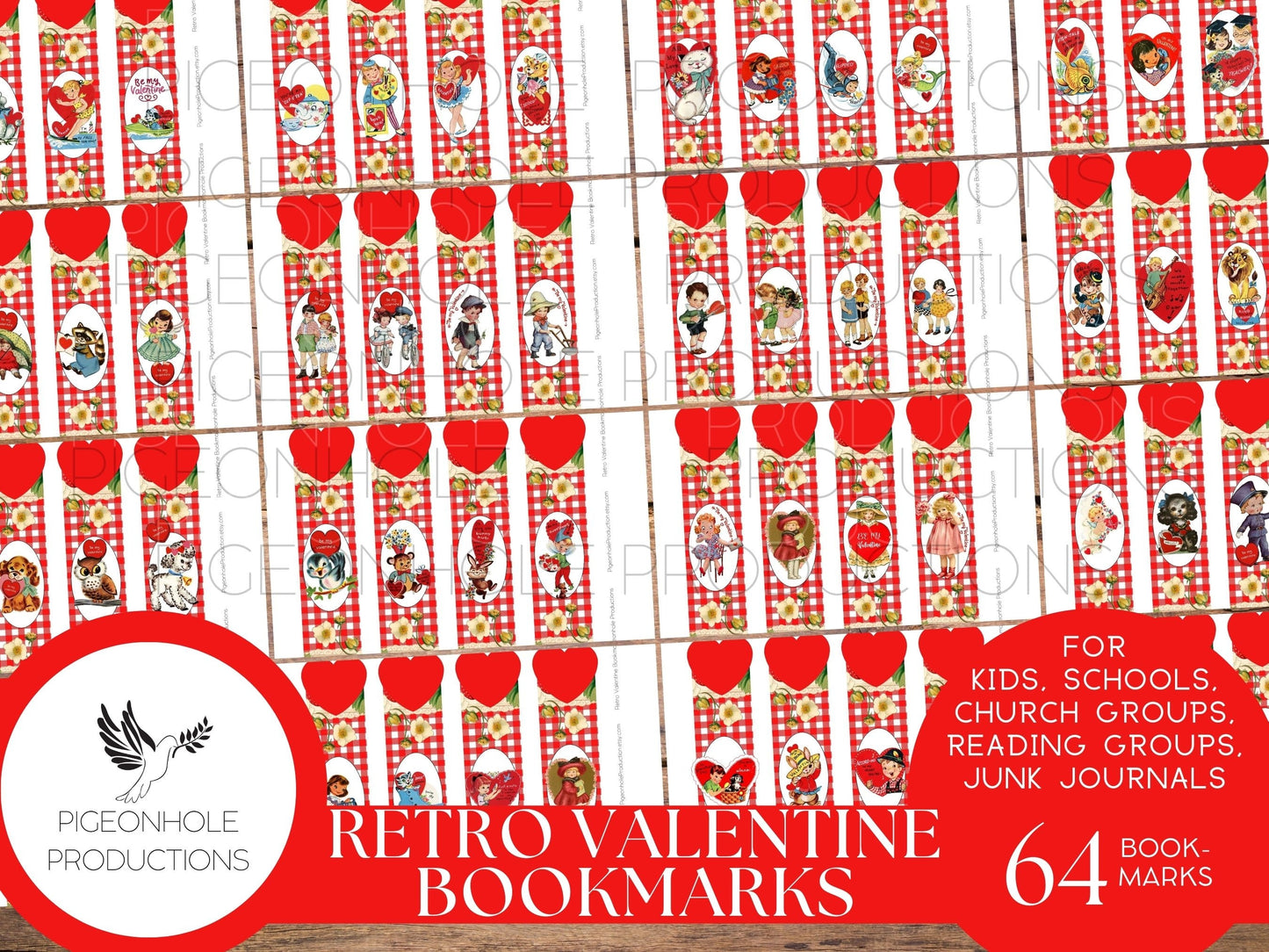 Retro Valentine Bookmarks, PRINTABLE, gift-giving for kids, church groups, reading groups, schools & junk journals, scrapbooking, papercraft