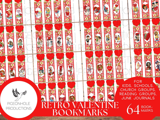 Retro Valentine Bookmarks, PRINTABLE, gift-giving for kids, church groups, reading groups, schools & junk journals, scrapbooking, papercraft