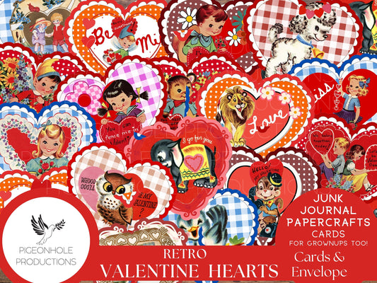 Retro Valentine Heart Cards, PRINTABLE, 24 cards, approx. 3.5 x 3.25 inches, envelope included, for junk journals, papercrafts, card making