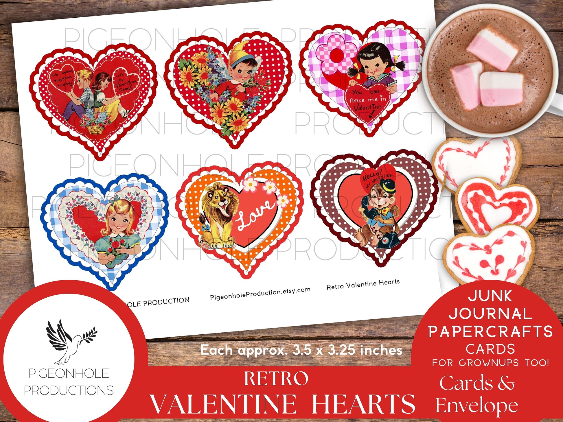 Retro Valentine Heart Cards, PRINTABLE, 24 cards, approx. 3.5 x 3.25 inches, envelope included, for junk journals, papercrafts, card making