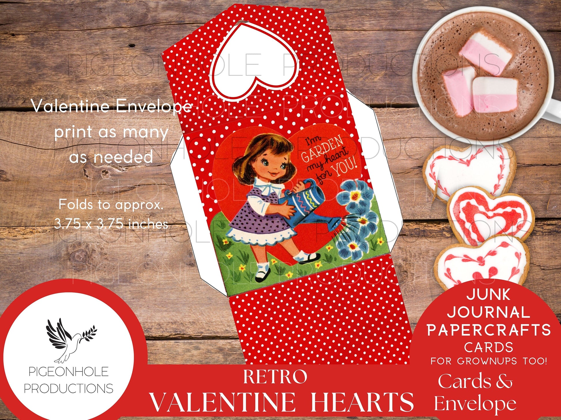Retro Valentine Heart Cards, PRINTABLE, 24 cards, approx. 3.5 x 3.25 inches, envelope included, for junk journals, papercrafts, card making