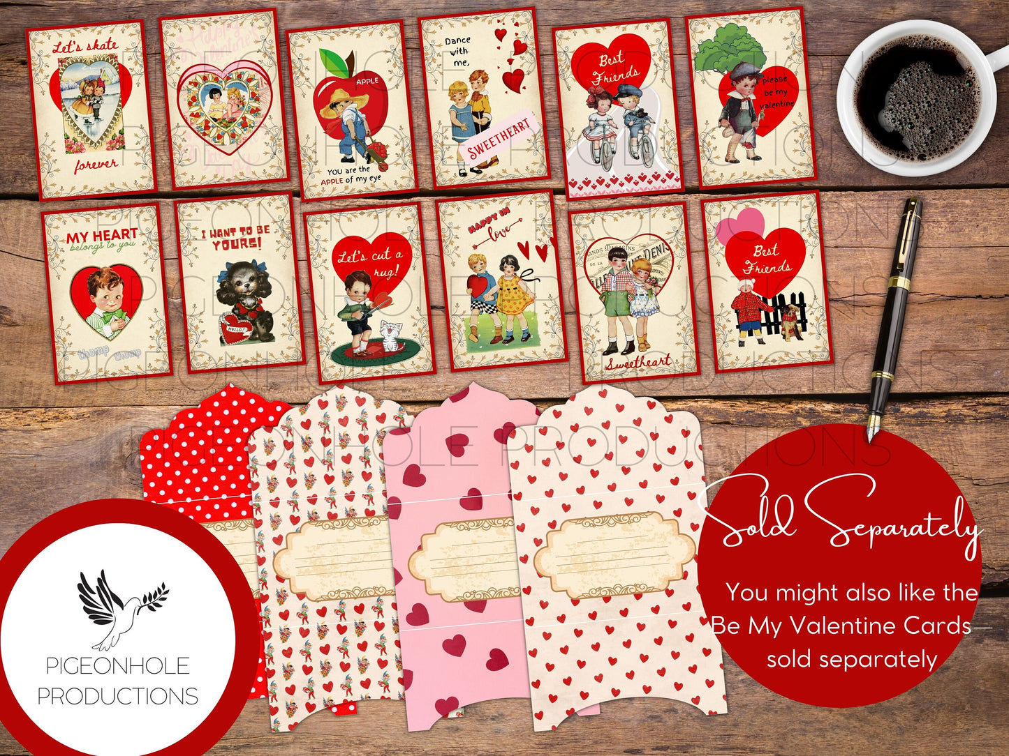 Retro Valentine Heart Cards, PRINTABLE, 24 cards, approx. 3.5 x 3.25 inches, envelope included, for junk journals, papercrafts, card making