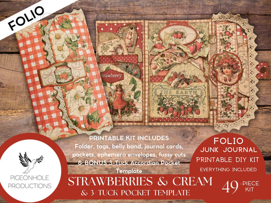 Strawberries & Cream Junk Journal Tri-Fold EPHEMERA FOLIO, PRINTABLE, 46 pieces, instructions/inspo, Bonus 3-Tuck Accordion Pocket Template