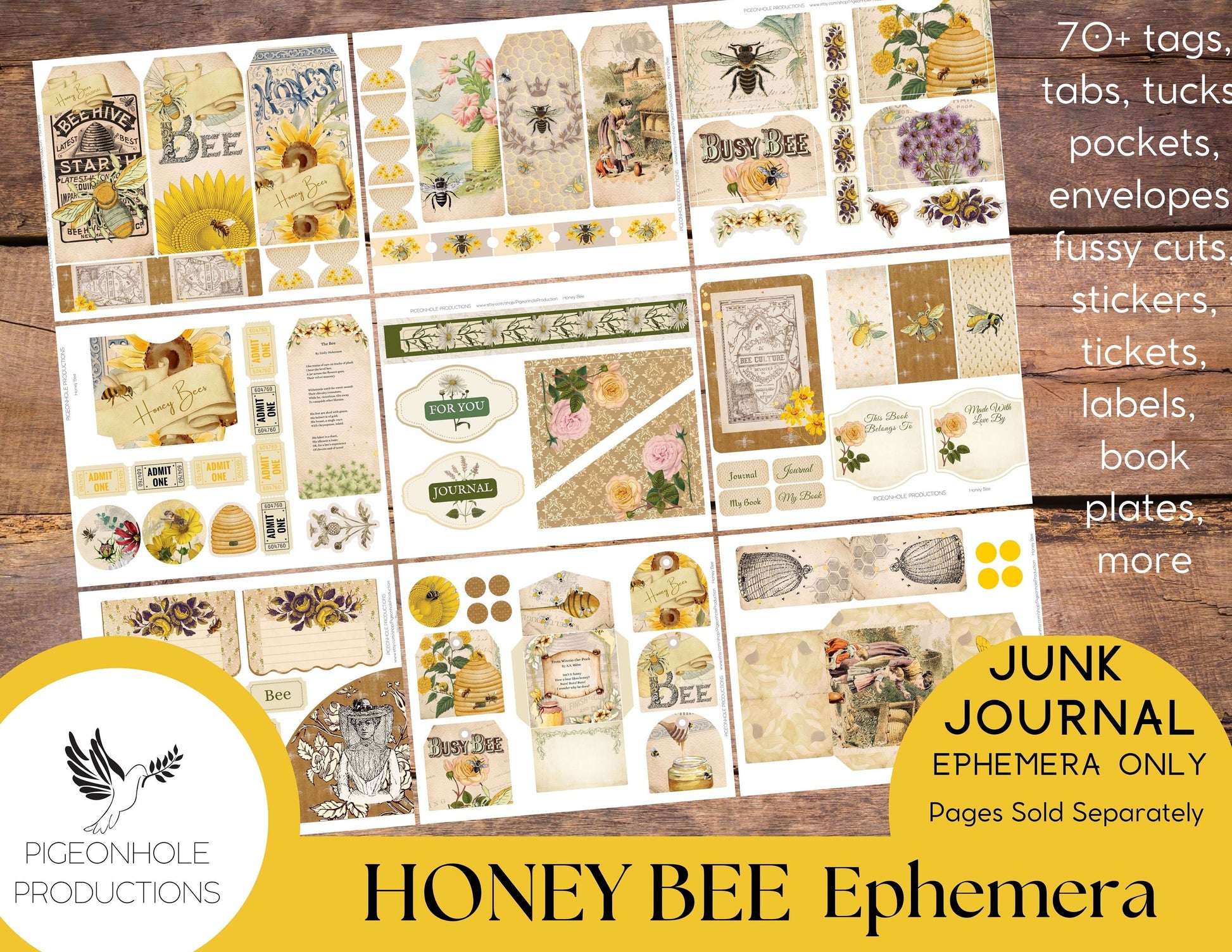 Honey Bee Sunflower Junk Journal Ephemera BUNDLE, includes 5 kits of tags, tucks, pockets, labels, fussy cuts, envelopes, papers, more!