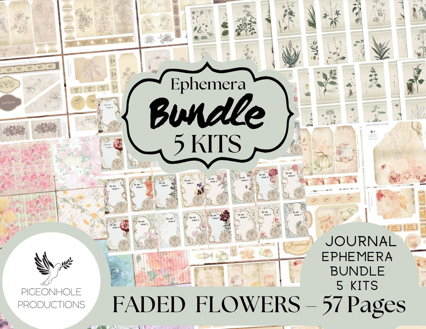 Faded Flowers Junk Journal Ephemera BUNDLE, includes 5 kits of tags, tucks, pockets, labels, fussy cuts, envelopes, papers, more!