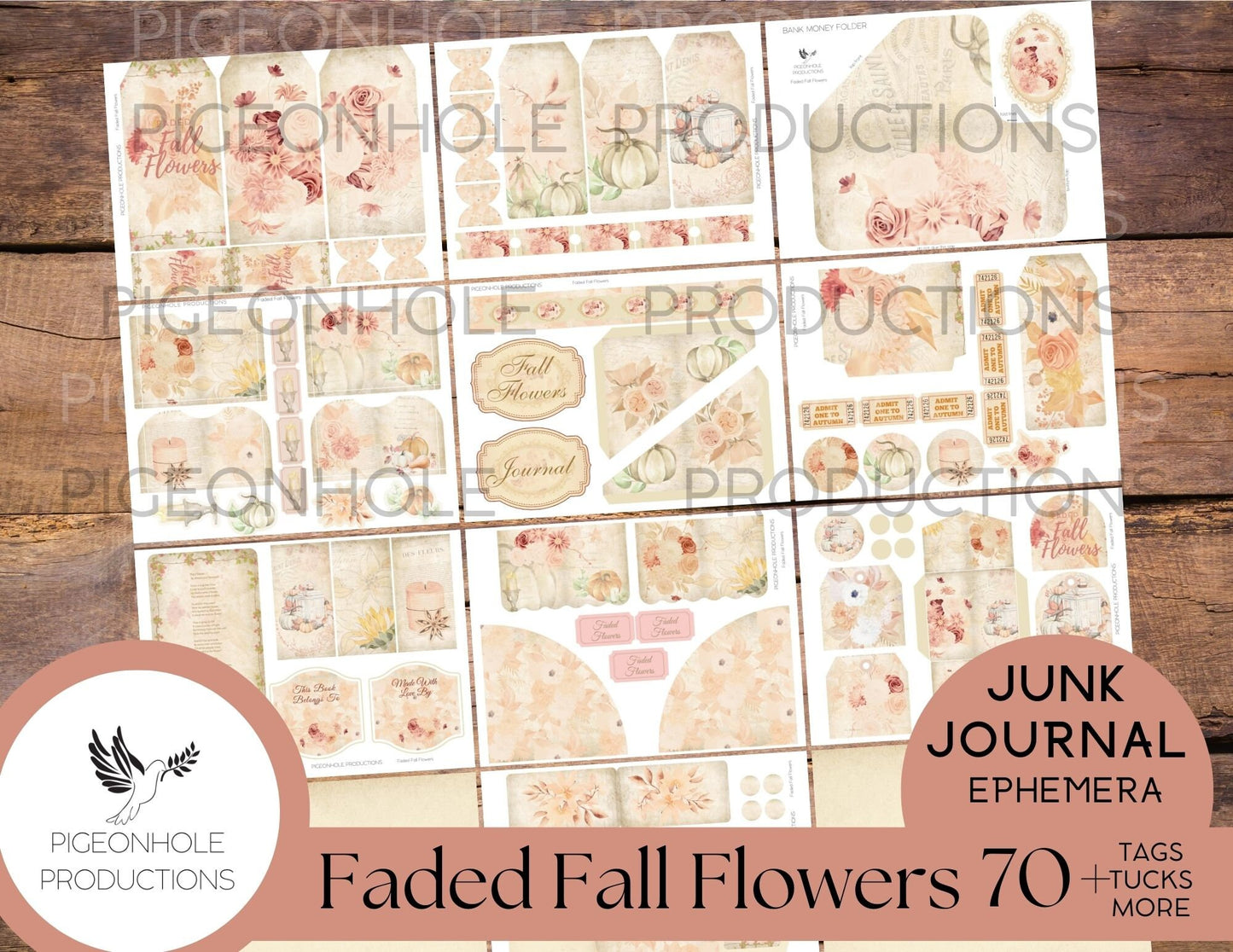 Faded Flowers Junk Journal Ephemera BUNDLE, includes 5 kits of tags, tucks, pockets, labels, fussy cuts, envelopes, papers, more!