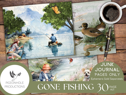 Gone Fishing Junk Journal Pages, PRINTABLE, 30 collaged, lined, unlined journal pages for scrapbooking, card making, paper crafts, beautiful