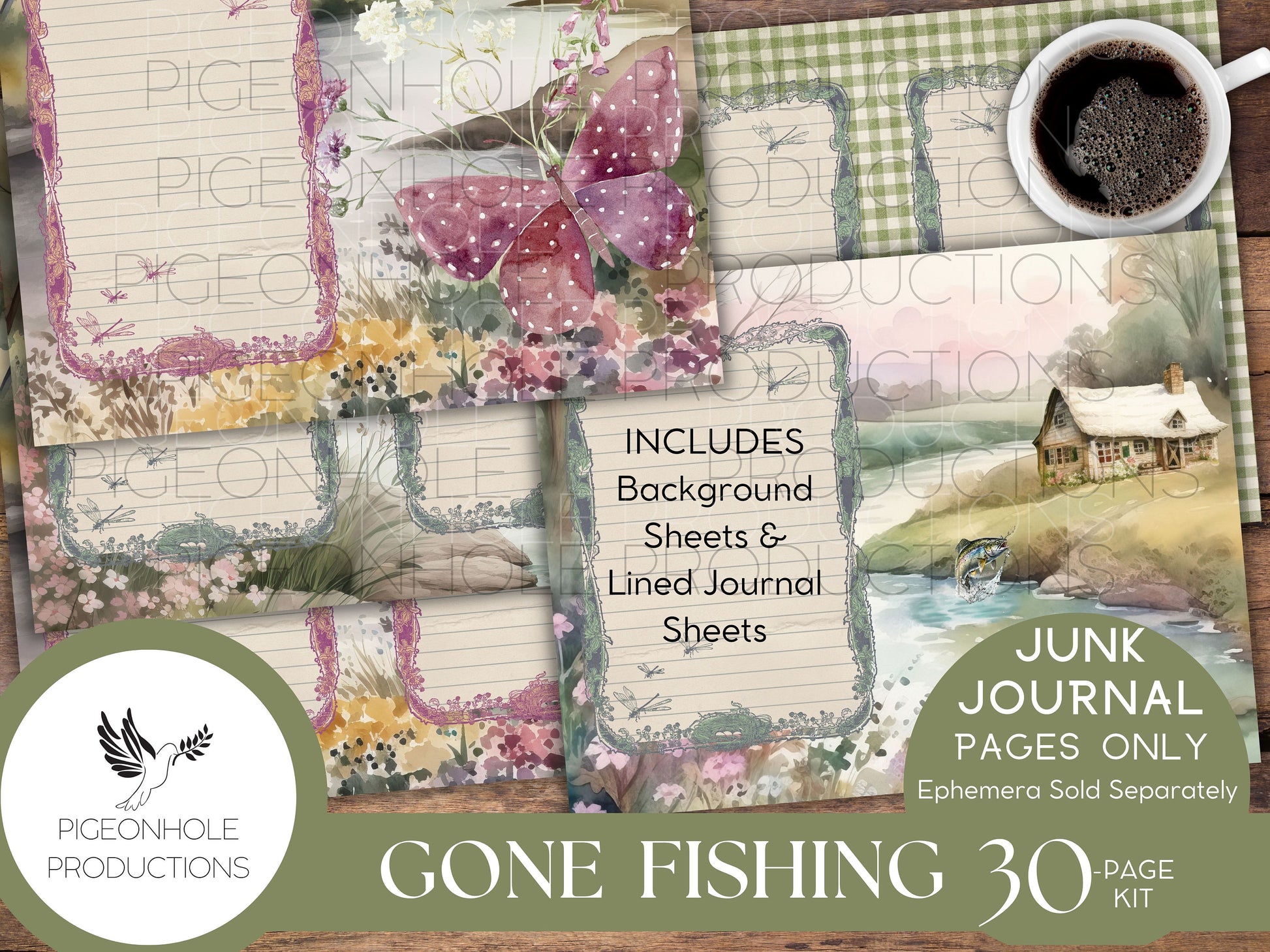 Gone Fishing Junk Journal Pages, PRINTABLE, 30 collaged, lined, unlined journal pages for scrapbooking, card making, paper crafts, beautiful